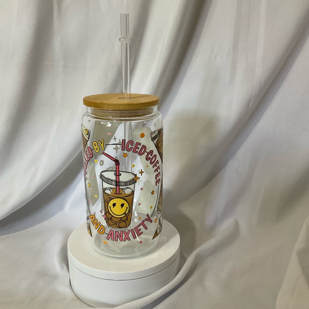 16 Ounce Handmade Glass Can Cp W/Lid & Straw, Fueled by Iced Coffee and Anxiety